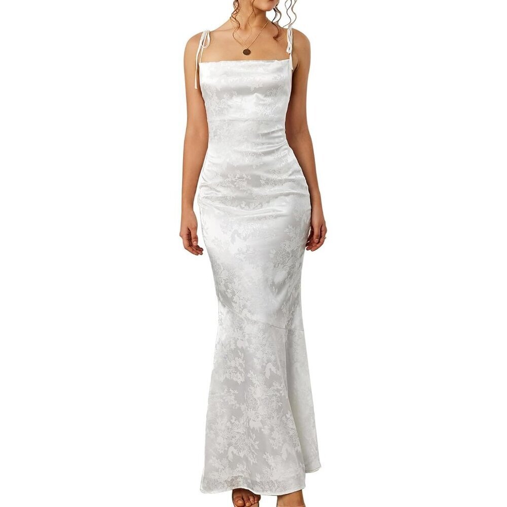 Women's White Satin Body-con Elegant Formal Spaghetti Strap Cowl Neck Maxi Dress